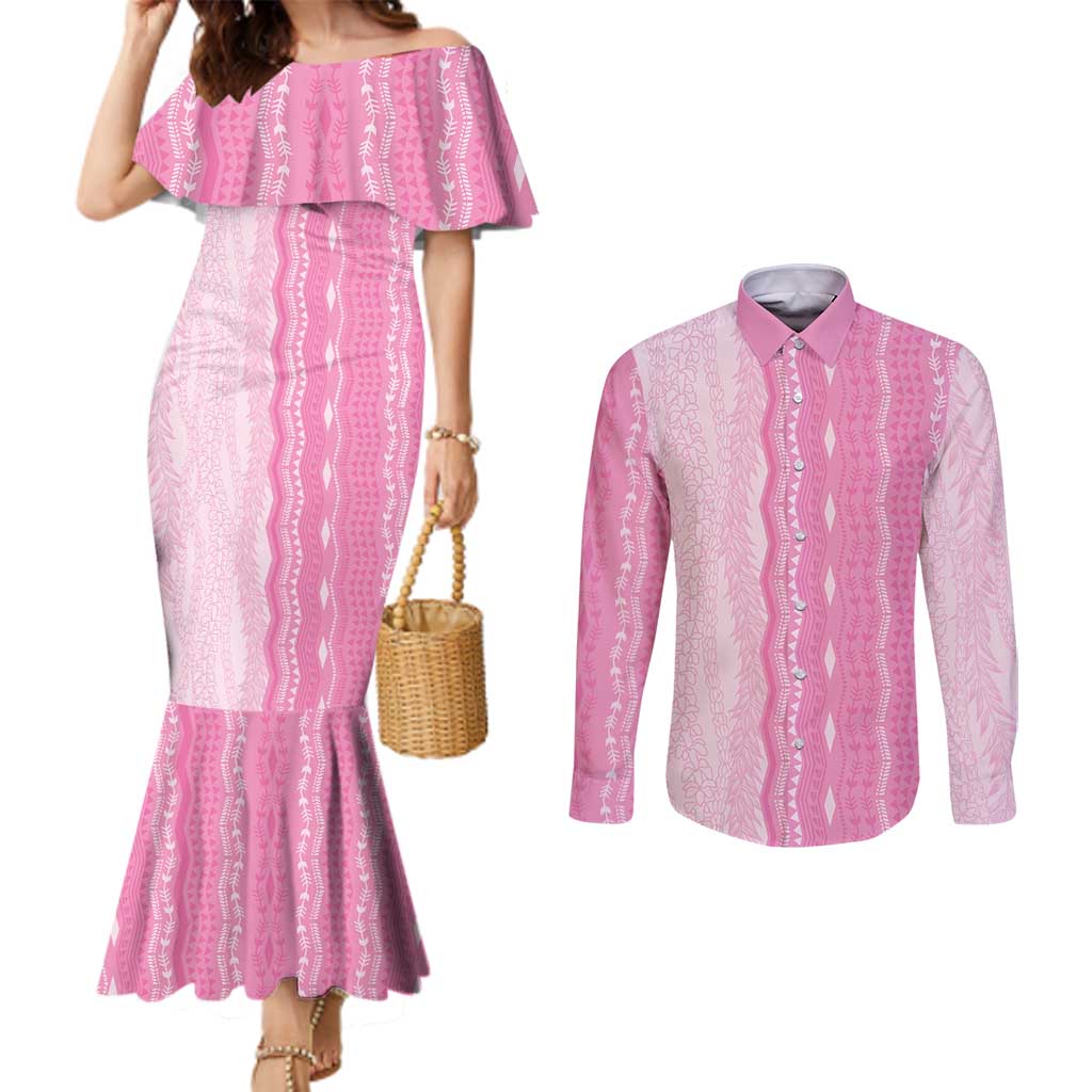 Vintage Pink Hawaiian Traditional Kapa Mix Flowers Lei Couples Matching Mermaid Dress and Long Sleeve Button Shirt