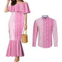 Vintage Pink Hawaiian Traditional Kapa Mix Flowers Lei Couples Matching Mermaid Dress and Long Sleeve Button Shirt LT7 Pink - Polynesian Pride