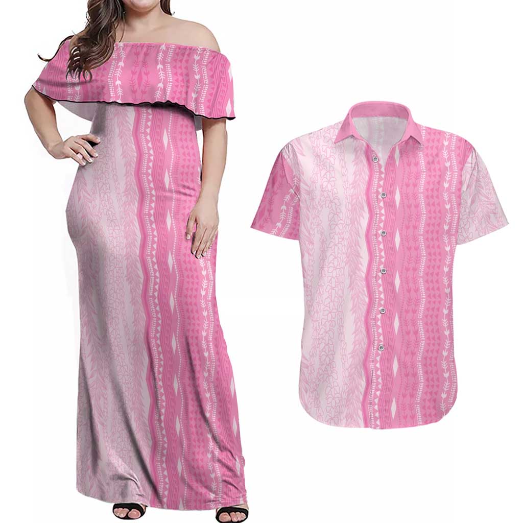 Vintage Pink Hawaiian Traditional Kapa Mix Flowers Lei Couples Matching Off Shoulder Maxi Dress and Hawaiian Shirt