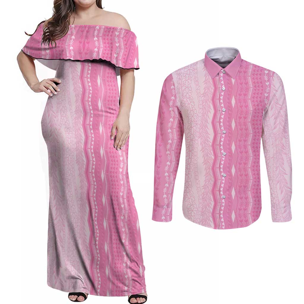 Vintage Pink Hawaiian Traditional Kapa Mix Flowers Lei Couples Matching Off Shoulder Maxi Dress and Long Sleeve Button Shirt