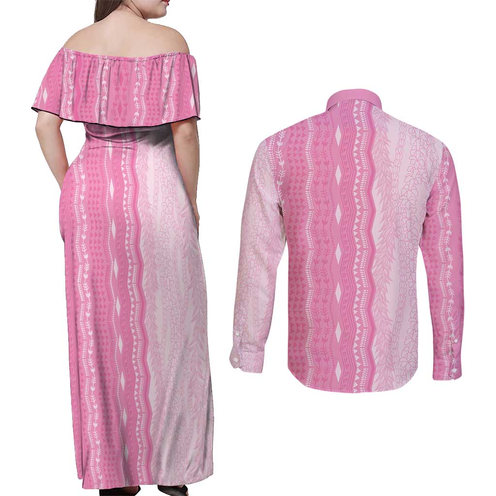 Vintage Pink Hawaiian Traditional Kapa Mix Flowers Lei Couples Matching Off Shoulder Maxi Dress and Long Sleeve Button Shirt LT7 - Polynesian Pride