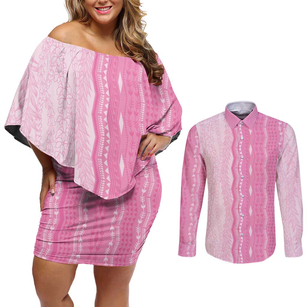 Vintage Pink Hawaiian Traditional Kapa Mix Flowers Lei Couples Matching Off Shoulder Short Dress and Long Sleeve Button Shirt
