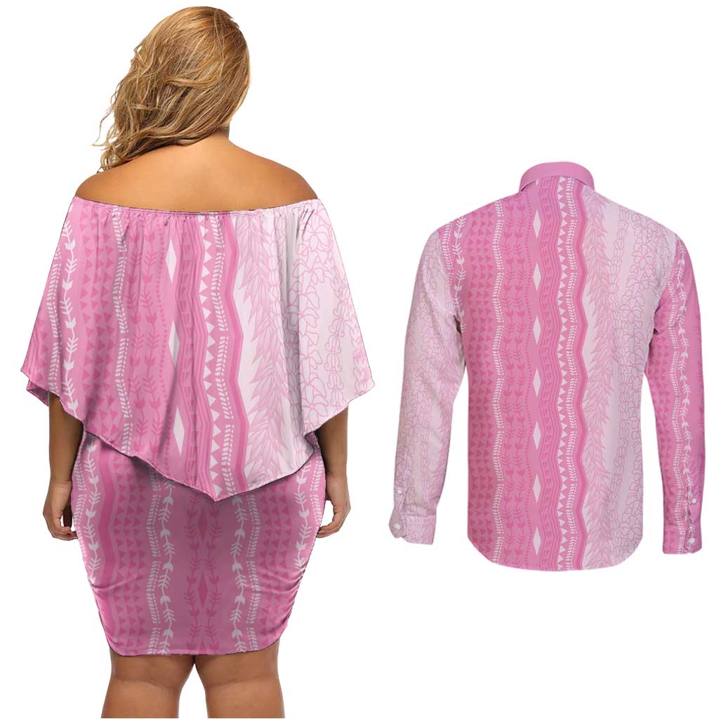 Vintage Pink Hawaiian Traditional Kapa Mix Flowers Lei Couples Matching Off Shoulder Short Dress and Long Sleeve Button Shirt LT7 - Polynesian Pride