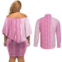 Vintage Pink Hawaiian Traditional Kapa Mix Flowers Lei Couples Matching Off Shoulder Short Dress and Long Sleeve Button Shirt LT7 - Polynesian Pride