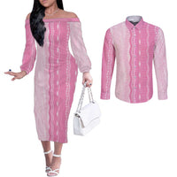 Vintage Pink Hawaiian Traditional Kapa Mix Flowers Lei Couples Matching Off The Shoulder Long Sleeve Dress and Long Sleeve Button Shirt LT7 Pink - Polynesian Pride