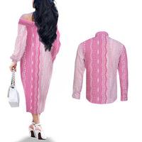 Vintage Pink Hawaiian Traditional Kapa Mix Flowers Lei Couples Matching Off The Shoulder Long Sleeve Dress and Long Sleeve Button Shirt LT7 - Polynesian Pride