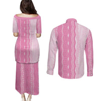 Vintage Pink Hawaiian Traditional Kapa Mix Flowers Lei Couples Matching Puletasi and Long Sleeve Button Shirt