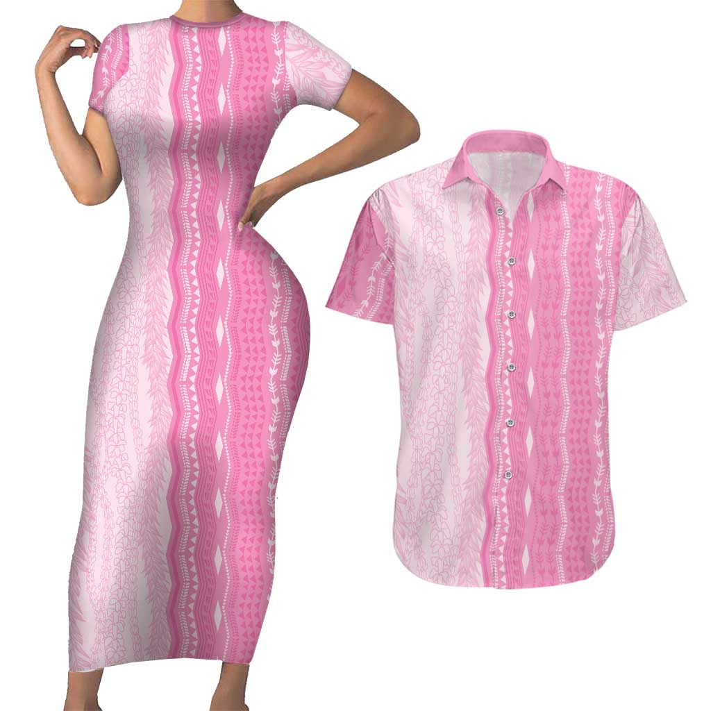 Vintage Pink Hawaiian Traditional Kapa Mix Flowers Lei Couples Matching Short Sleeve Bodycon Dress and Hawaiian Shirt LT7 Pink - Polynesian Pride