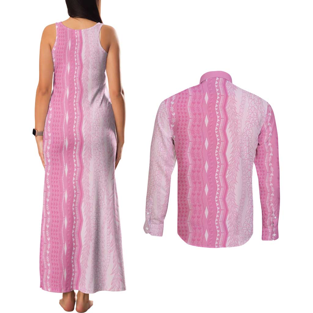 Vintage Pink Hawaiian Traditional Kapa Mix Flowers Lei Couples Matching Tank Maxi Dress and Long Sleeve Button Shirt LT7 - Polynesian Pride