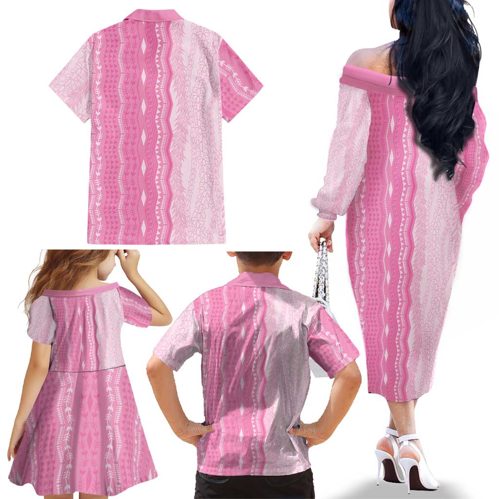 Vintage Pink Hawaiian Traditional Kapa Mix Flowers Lei Family Matching Off The Shoulder Long Sleeve Dress and Hawaiian Shirt LT7 - Polynesian Pride