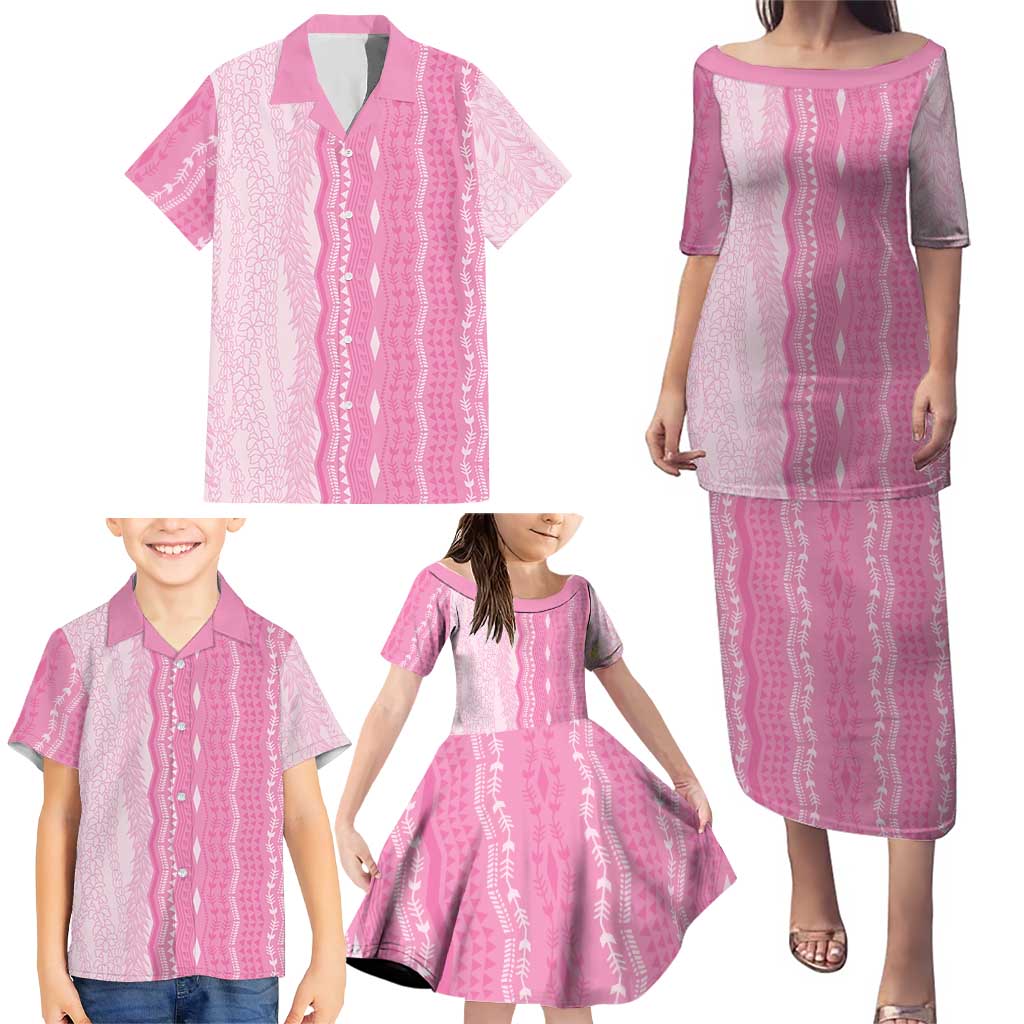 Vintage Pink Hawaiian Traditional Kapa Mix Flowers Lei Family Matching Puletasi and Hawaiian Shirt