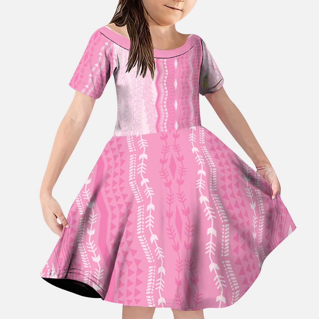 Vintage Pink Hawaiian Traditional Kapa Mix Flowers Lei Family Matching Summer Maxi Dress and Hawaiian Shirt LT7 Daughter's Dress Pink - Polynesian Pride