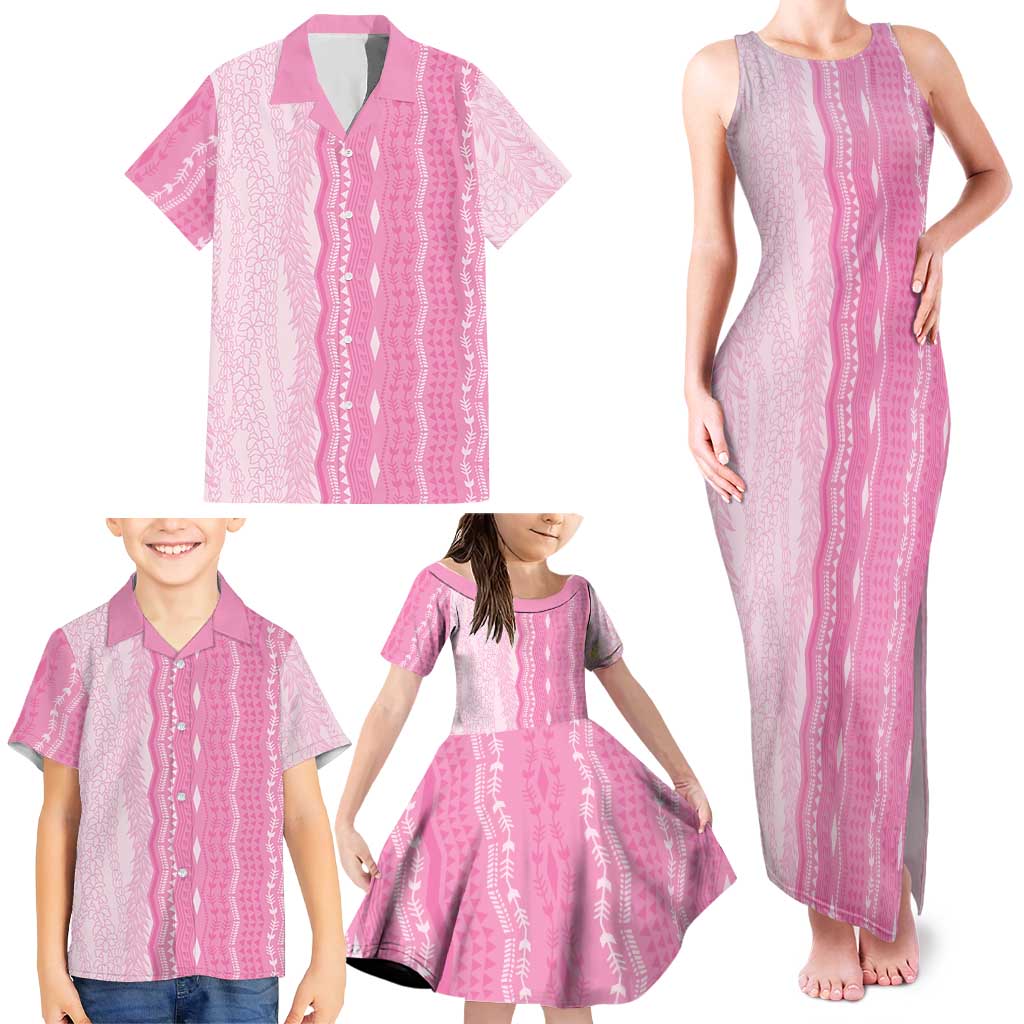 Vintage Pink Hawaiian Traditional Kapa Mix Flowers Lei Family Matching Tank Maxi Dress and Hawaiian Shirt