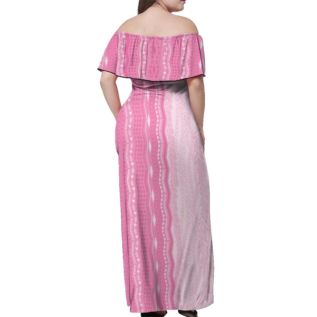 Vintage Pink Hawaiian Traditional Kapa Mix Flowers Lei Off Shoulder Maxi Dress