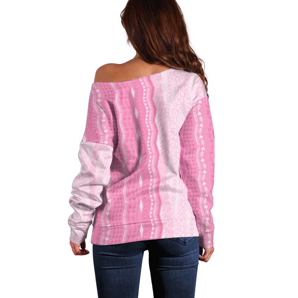 Vintage Pink Hawaiian Traditional Kapa Mix Flowers Lei Off Shoulder Sweater
