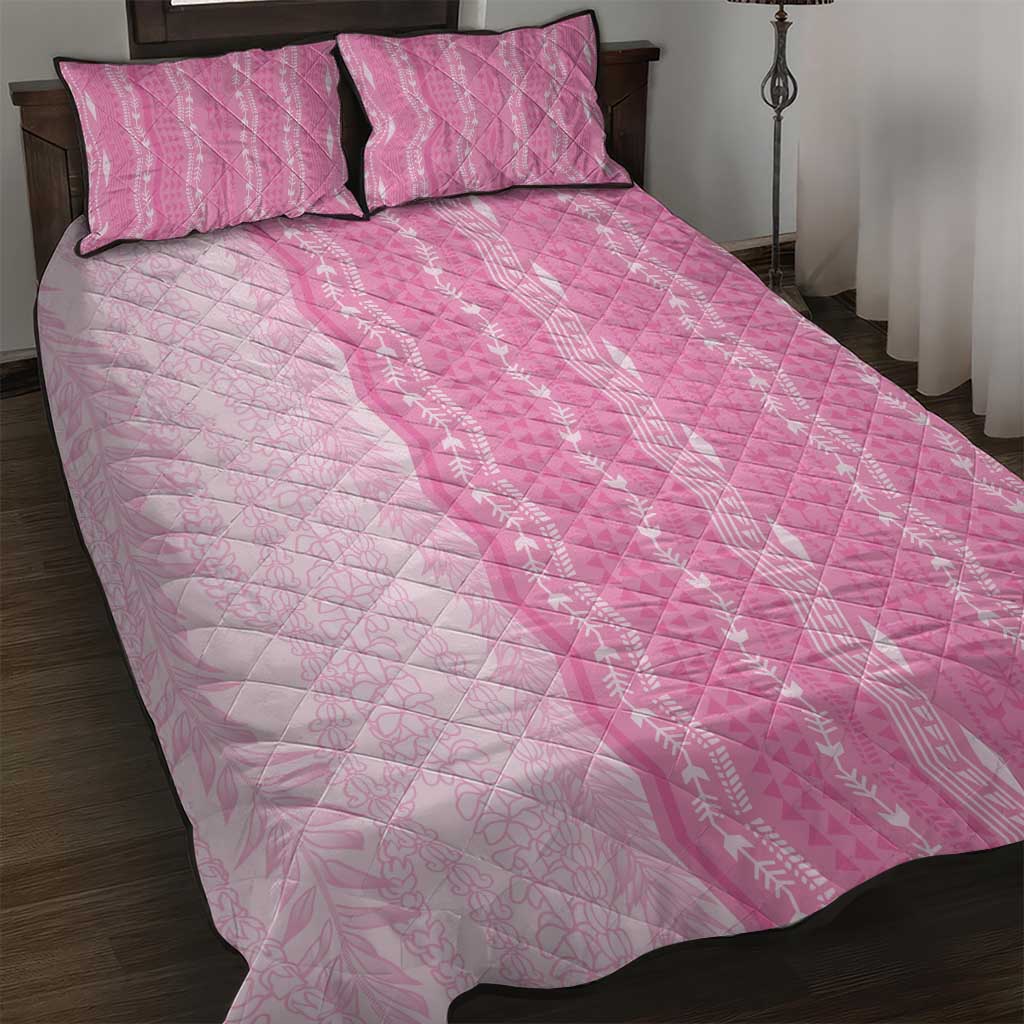 Vintage Pink Hawaiian Traditional Kapa Mix Flowers Lei Quilt Bed Set