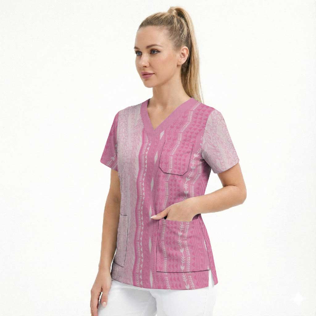 Vintage Pink Hawaiian Traditional Kapa Mix Flowers Lei Scrub Top
