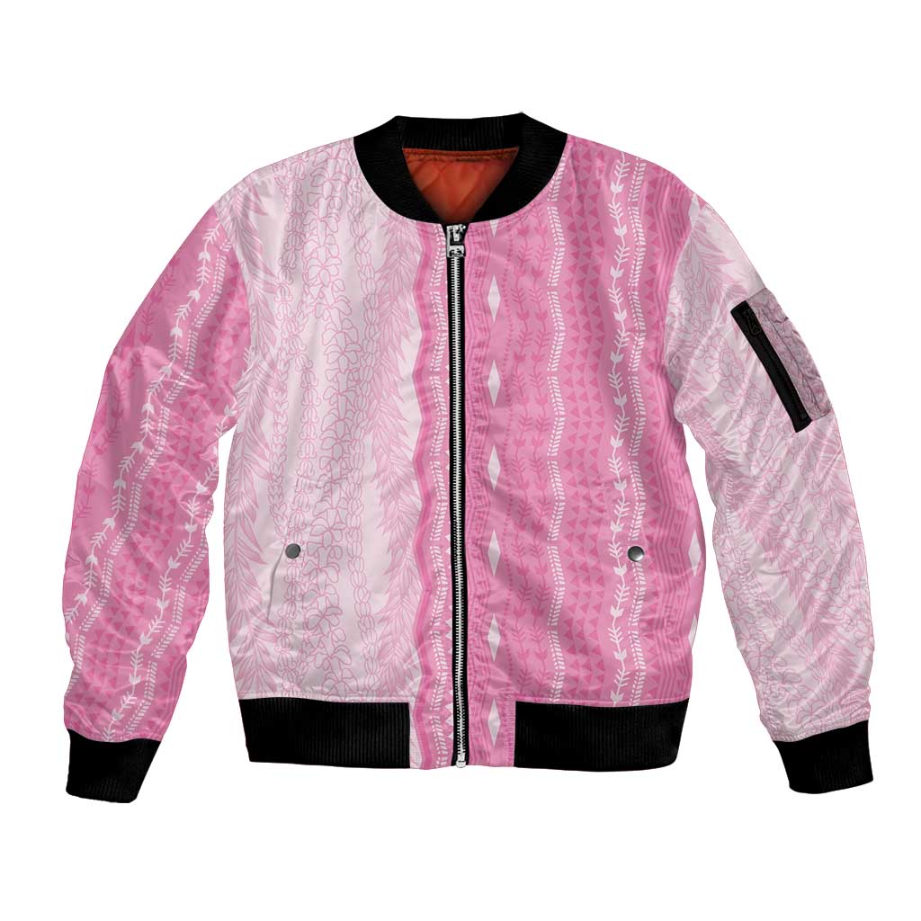 Vintage Pink Hawaiian Traditional Kapa Mix Flowers Lei Sleeve Zip Bomber Jacket