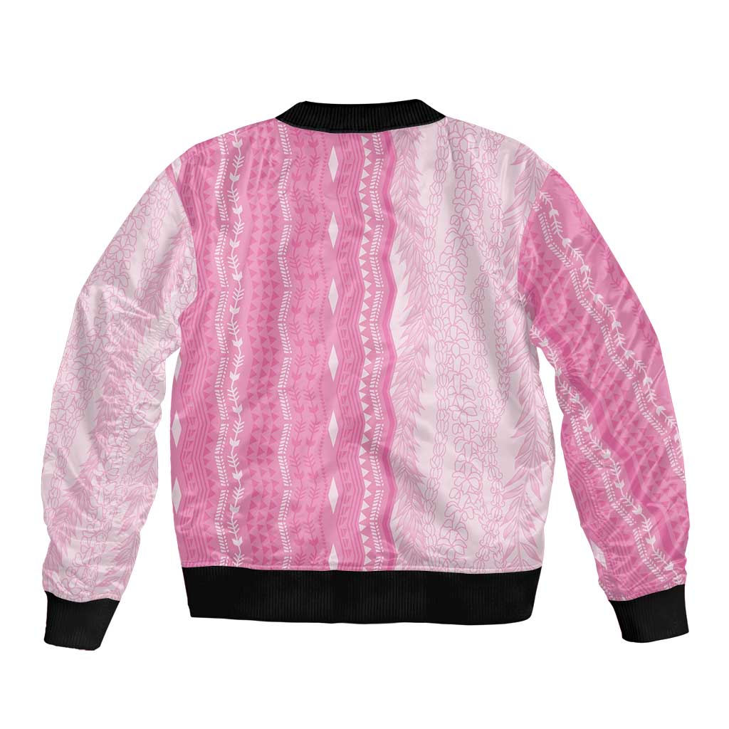 Vintage Pink Hawaiian Traditional Kapa Mix Flowers Lei Sleeve Zip Bomber Jacket