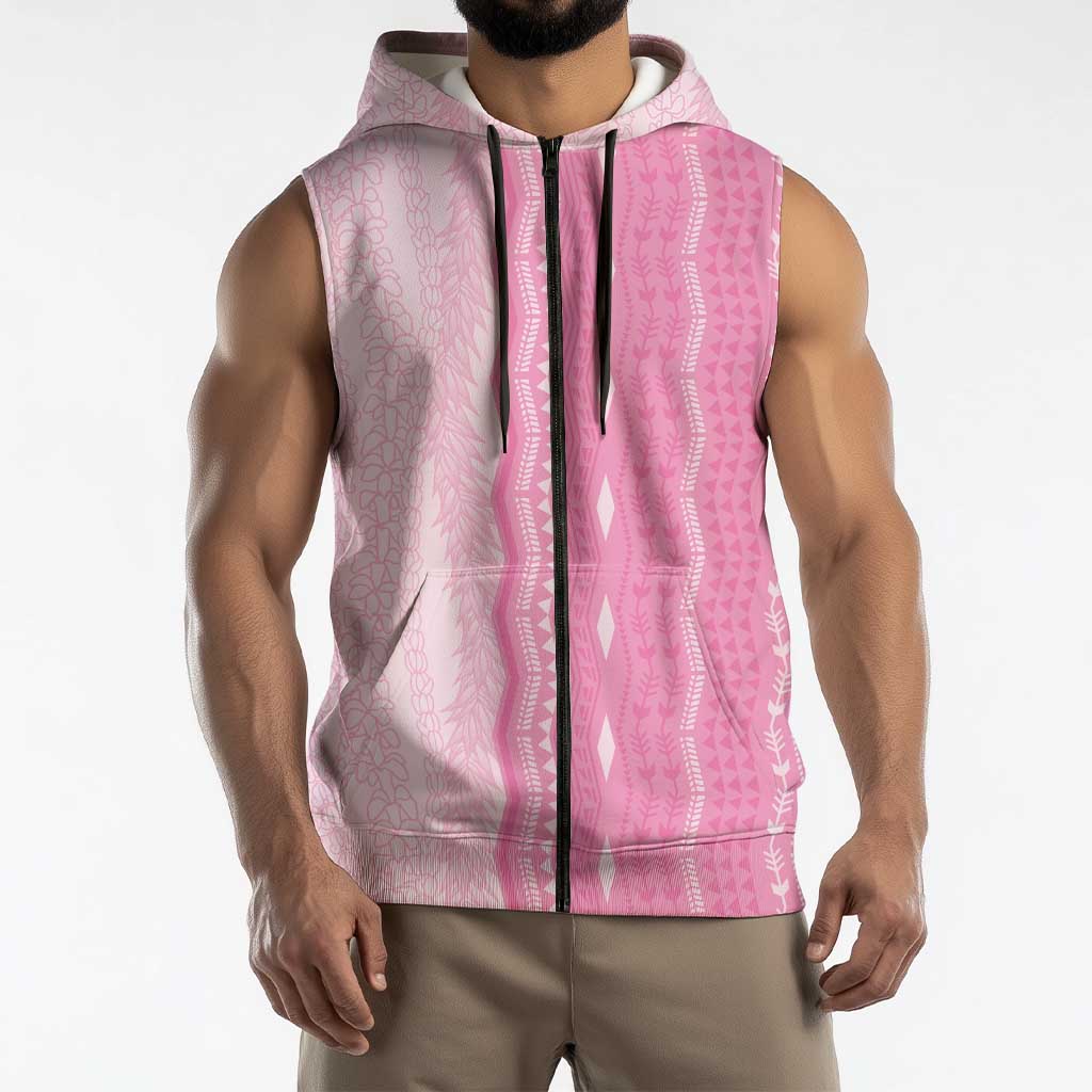 Vintage Pink Hawaiian Traditional Kapa Mix Flowers Lei Sleeveless Zip Hoodie