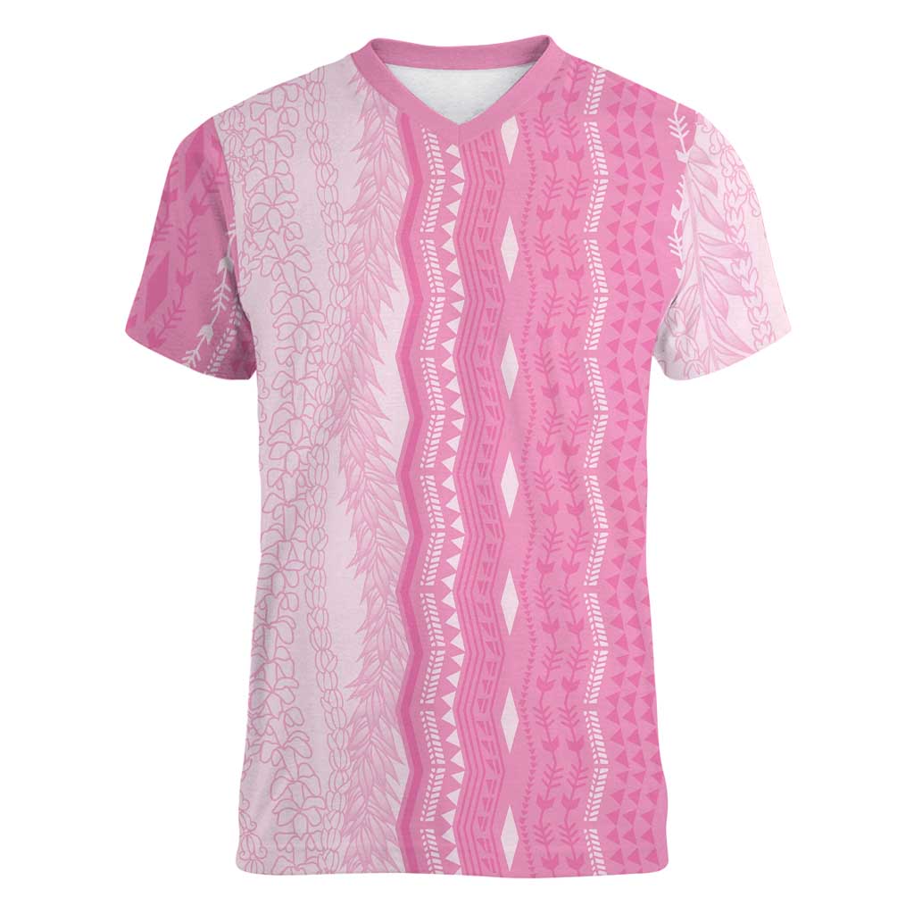 Vintage Pink Hawaiian Traditional Kapa Mix Flowers Lei Women V-Neck T-Shirt LT7 Female Pink - Polynesian Pride