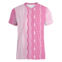 Vintage Pink Hawaiian Traditional Kapa Mix Flowers Lei Women V-Neck T-Shirt LT7 Female Pink - Polynesian Pride