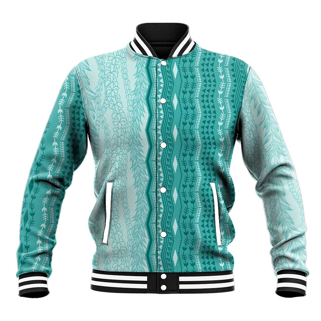 Vintage Teal Hawaiian Traditional Kapa Mix Flowers Lei Baseball Jacket