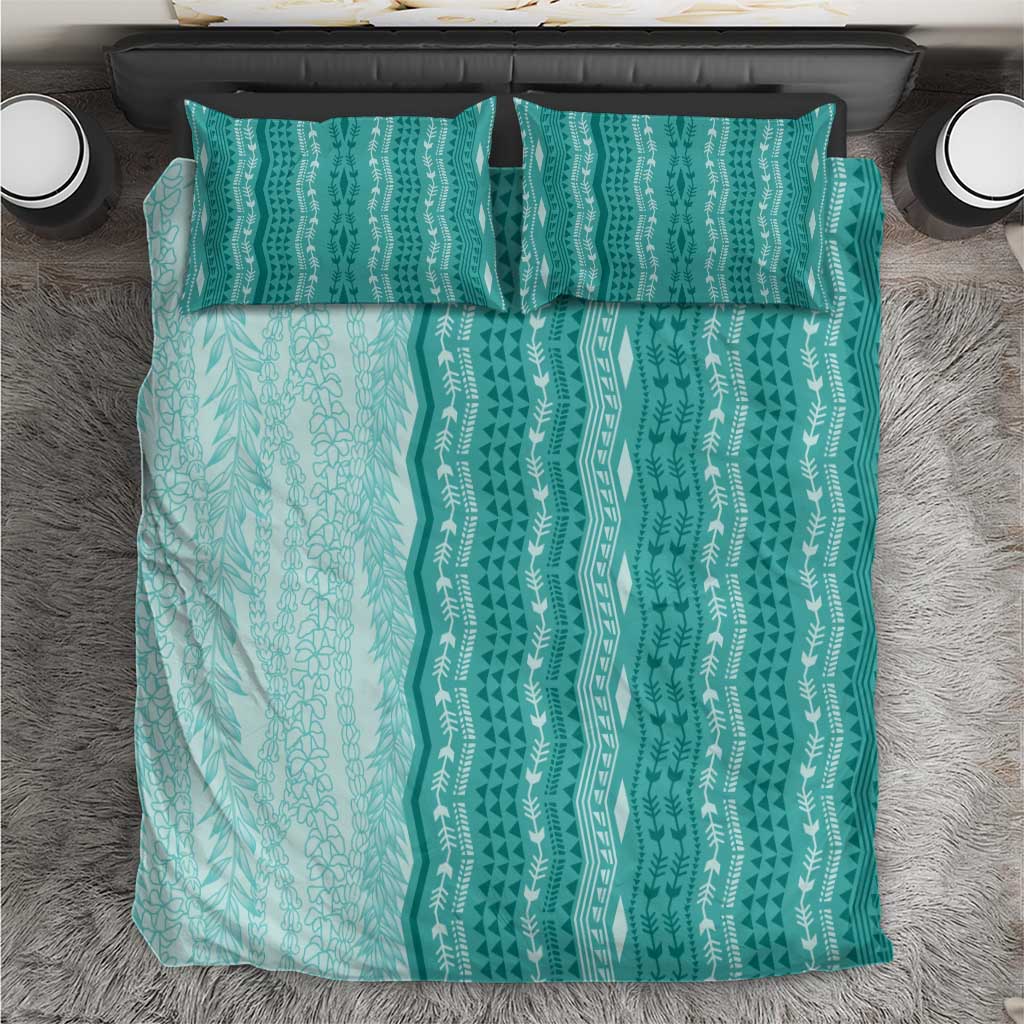 Vintage Teal Hawaiian Traditional Kapa Mix Flowers Lei Bedding Set