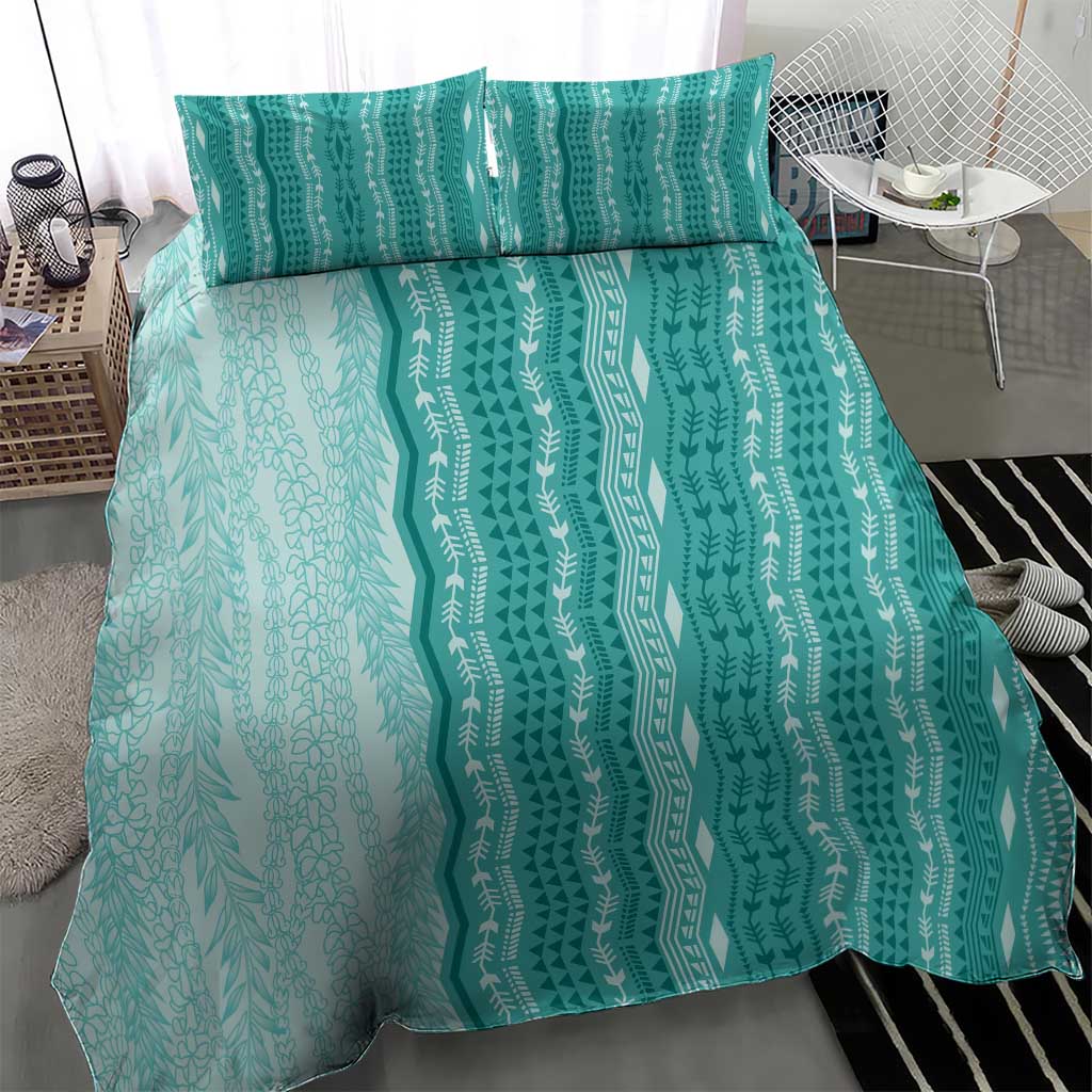 Vintage Teal Hawaiian Traditional Kapa Mix Flowers Lei Bedding Set