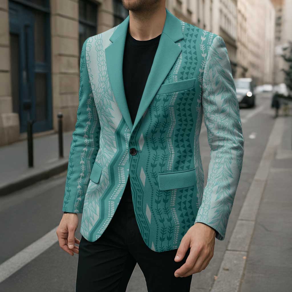 Vintage Teal Hawaiian Traditional Kapa Mix Flowers Lei Blazer