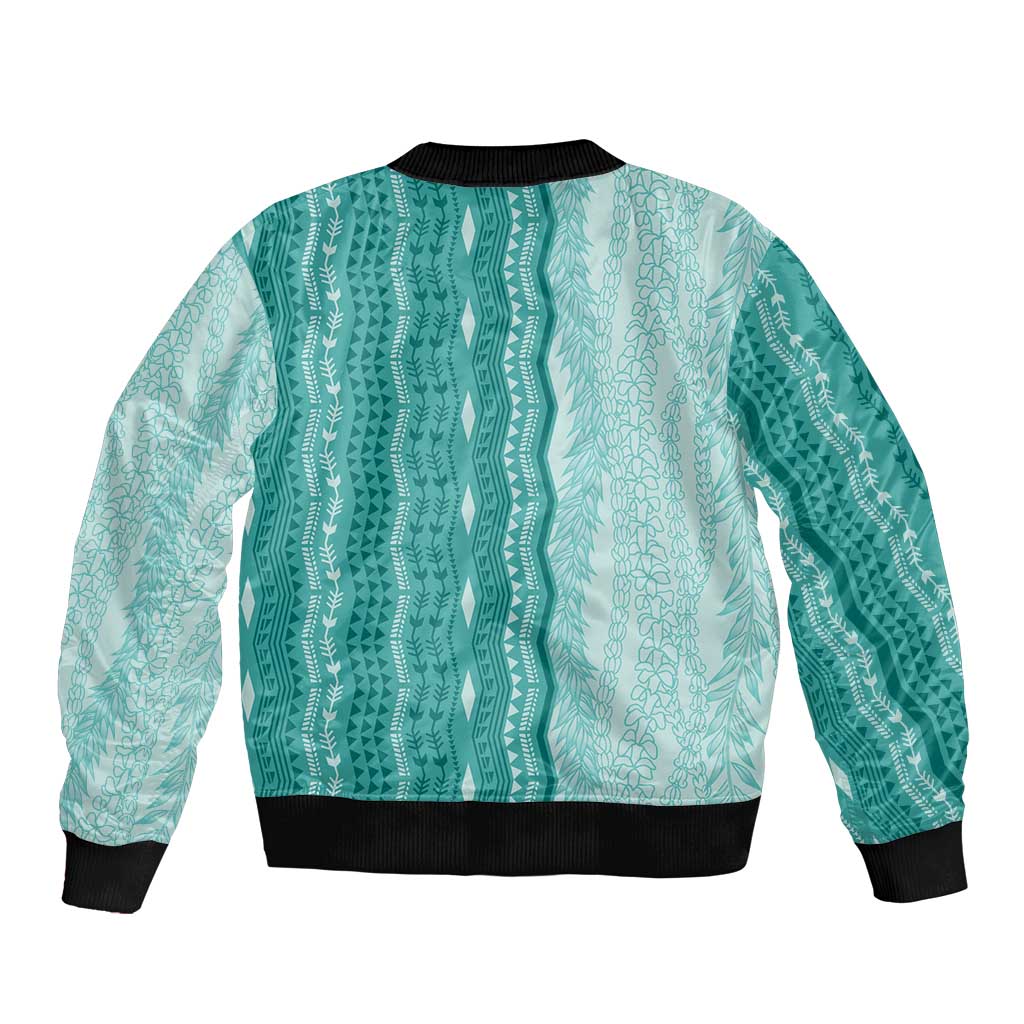 Vintage Teal Hawaiian Traditional Kapa Mix Flowers Lei Bomber Jacket