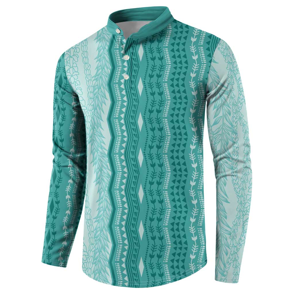 Vintage Teal Hawaiian Traditional Kapa Mix Flowers Lei Button Sweatshirt