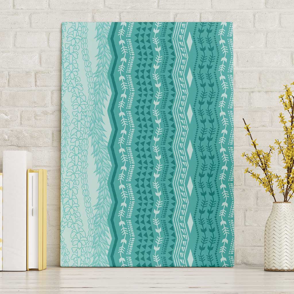 Vintage Teal Hawaiian Traditional Kapa Mix Flowers Lei Canvas Wall Art