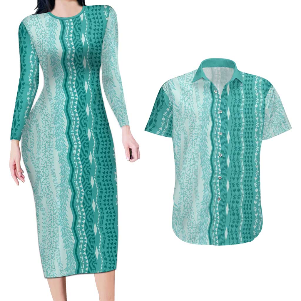 Vintage Teal Hawaiian Traditional Kapa Mix Flowers Lei Couples Matching Long Sleeve Bodycon Dress and Hawaiian Shirt LT7 Teal - Polynesian Pride