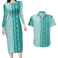 Vintage Teal Hawaiian Traditional Kapa Mix Flowers Lei Couples Matching Long Sleeve Bodycon Dress and Hawaiian Shirt LT7 Teal - Polynesian Pride