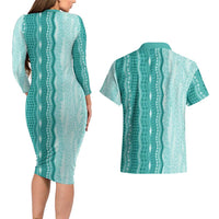 Vintage Teal Hawaiian Traditional Kapa Mix Flowers Lei Couples Matching Long Sleeve Bodycon Dress and Hawaiian Shirt LT7 - Polynesian Pride