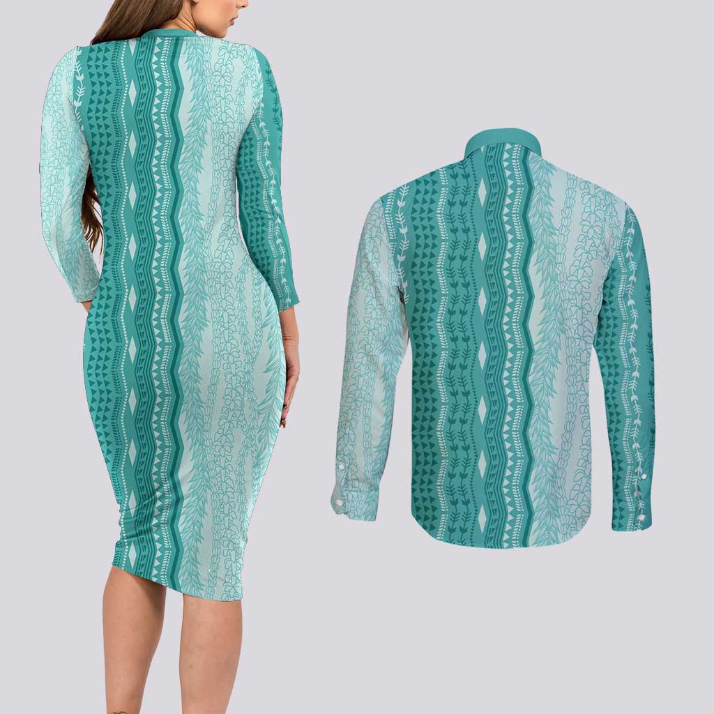 Vintage Teal Hawaiian Traditional Kapa Mix Flowers Lei Couples Matching Long Sleeve Bodycon Dress and Long Sleeve Button Shirt LT7 - Polynesian Pride
