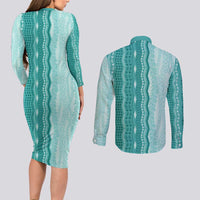 Vintage Teal Hawaiian Traditional Kapa Mix Flowers Lei Couples Matching Long Sleeve Bodycon Dress and Long Sleeve Button Shirt LT7 - Polynesian Pride