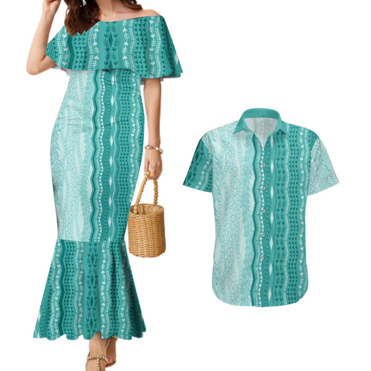 Vintage Teal Hawaiian Traditional Kapa Mix Flowers Lei Couples Matching Mermaid Dress and Hawaiian Shirt LT7 Teal - Polynesian Pride