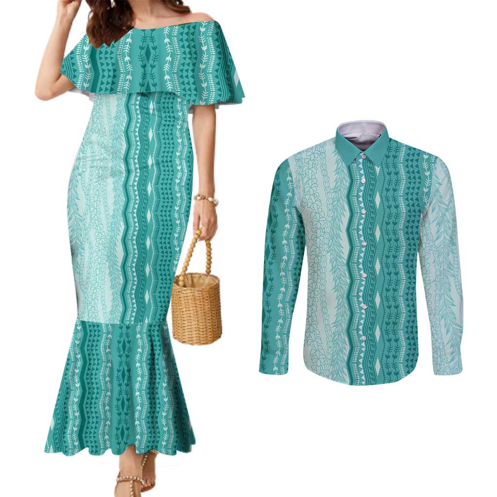 Vintage Teal Hawaiian Traditional Kapa Mix Flowers Lei Couples Matching Mermaid Dress and Long Sleeve Button Shirt