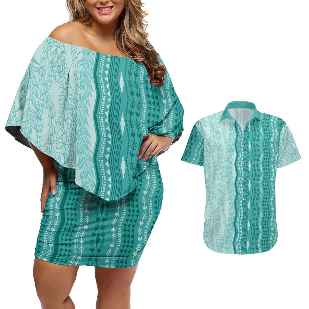 Vintage Teal Hawaiian Traditional Kapa Mix Flowers Lei Couples Matching Off Shoulder Short Dress and Hawaiian Shirt