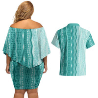 Vintage Teal Hawaiian Traditional Kapa Mix Flowers Lei Couples Matching Off Shoulder Short Dress and Hawaiian Shirt LT7 - Polynesian Pride