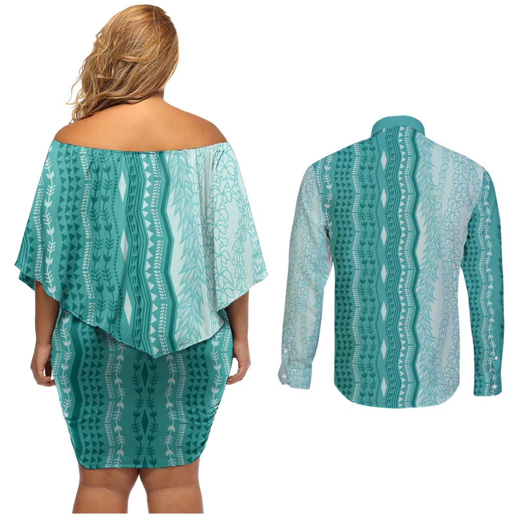 Vintage Teal Hawaiian Traditional Kapa Mix Flowers Lei Couples Matching Off Shoulder Short Dress and Long Sleeve Button Shirt LT7 - Polynesian Pride