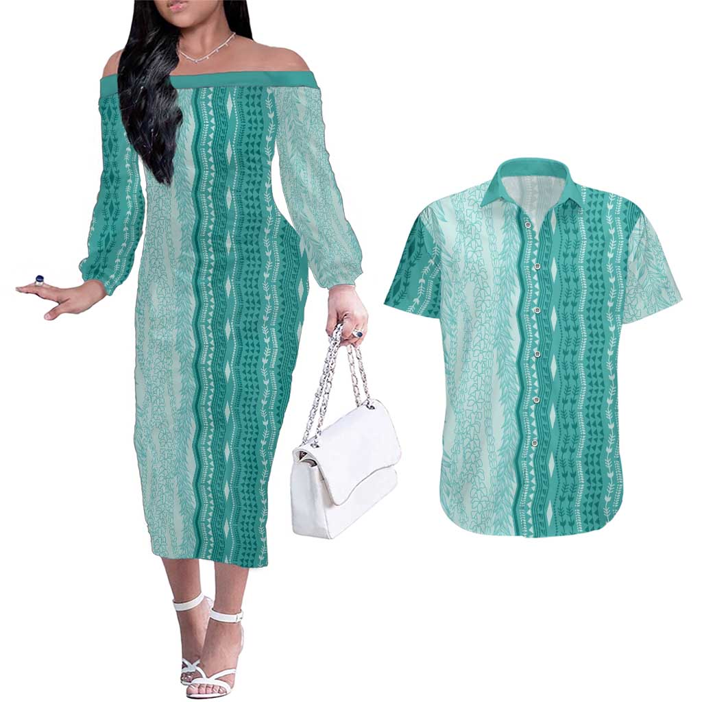 Vintage Teal Hawaiian Traditional Kapa Mix Flowers Lei Couples Matching Off The Shoulder Long Sleeve Dress and Hawaiian Shirt