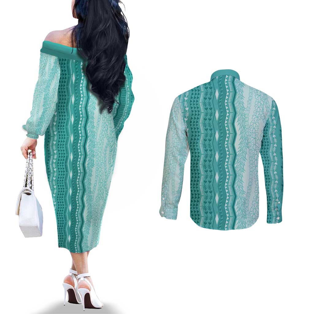 Vintage Teal Hawaiian Traditional Kapa Mix Flowers Lei Couples Matching Off The Shoulder Long Sleeve Dress and Long Sleeve Button Shirt LT7 - Polynesian Pride