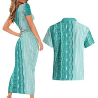 Vintage Teal Hawaiian Traditional Kapa Mix Flowers Lei Couples Matching Short Sleeve Bodycon Dress and Hawaiian Shirt LT7 - Polynesian Pride