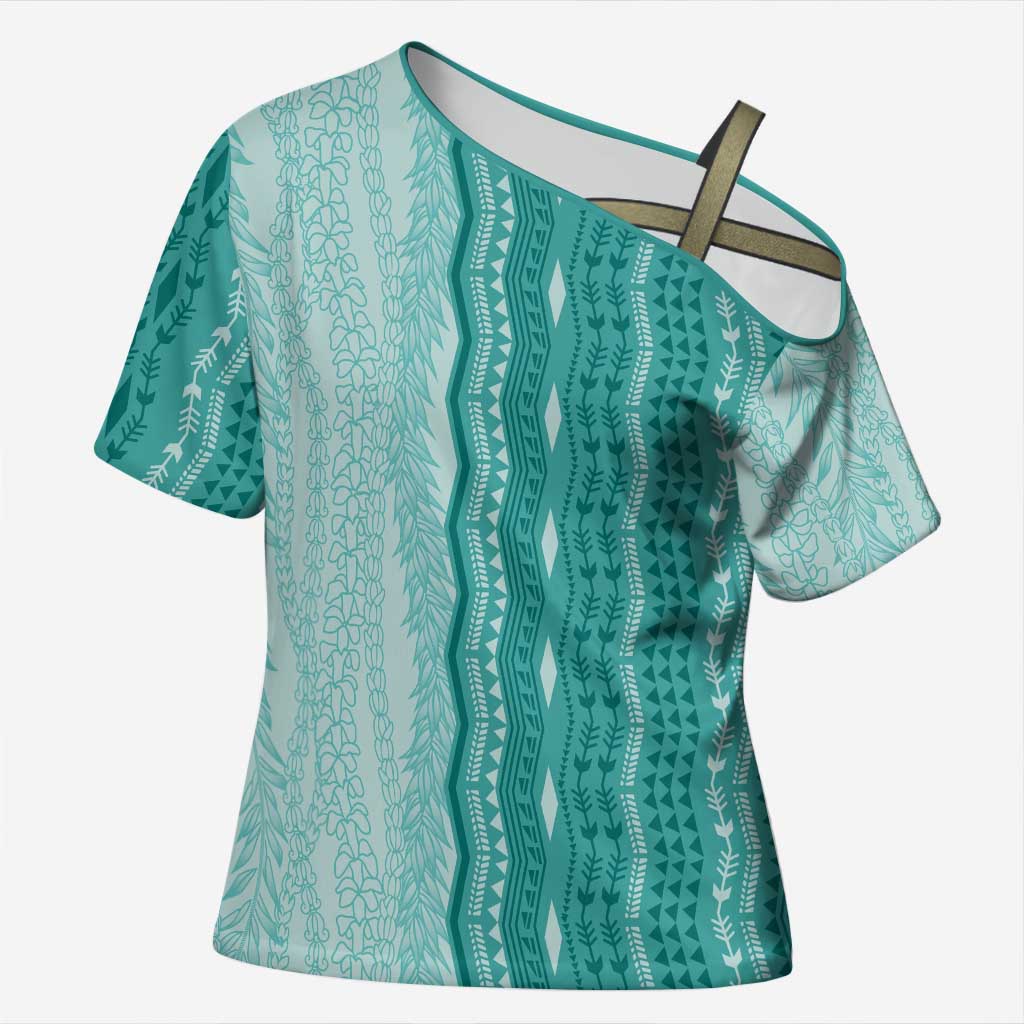 Vintage Teal Hawaiian Traditional Kapa Mix Flowers Lei Cross Shoulder Shirt