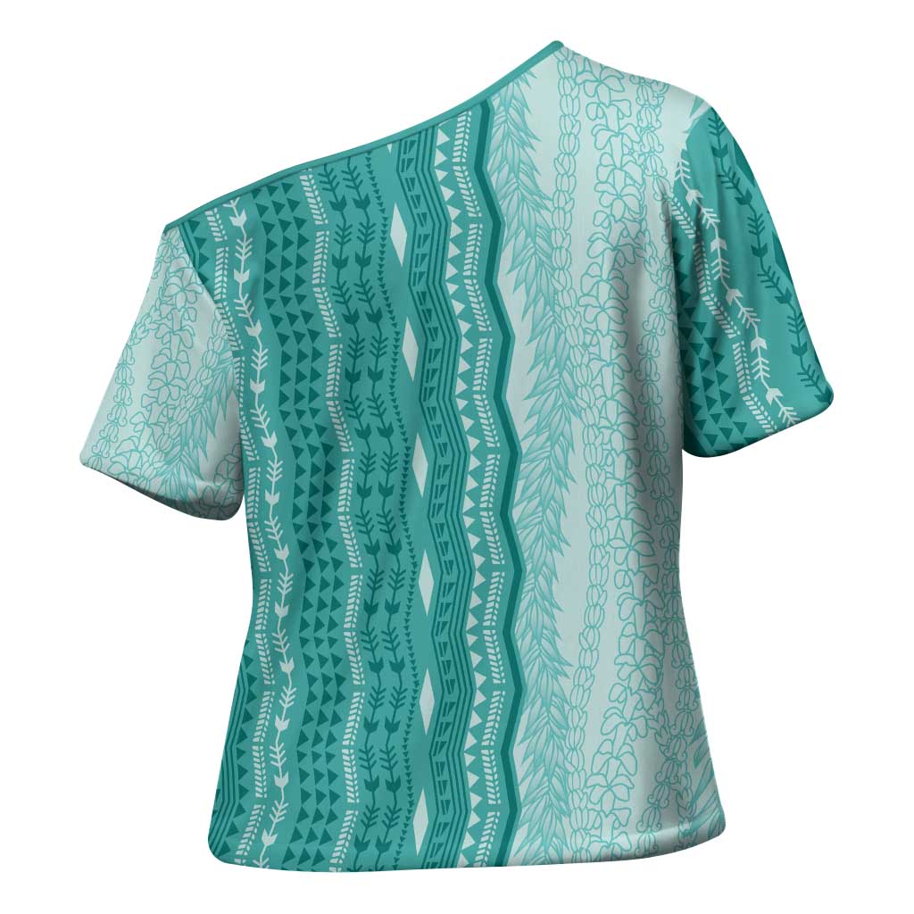 Vintage Teal Hawaiian Traditional Kapa Mix Flowers Lei Cross Shoulder Shirt