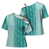 Vintage Teal Hawaiian Traditional Kapa Mix Flowers Lei Cross Shoulder Shirt