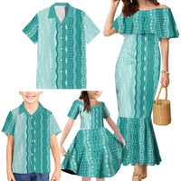 Vintage Teal Hawaiian Traditional Kapa Mix Flowers Lei Family Matching Mermaid Dress and Hawaiian Shirt LT7 - Polynesian Pride
